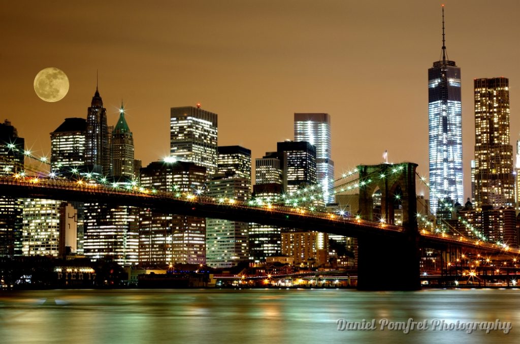 Night Views, Brooklyn Bridge, Manhattan Skyline, New York, Moon, 002
