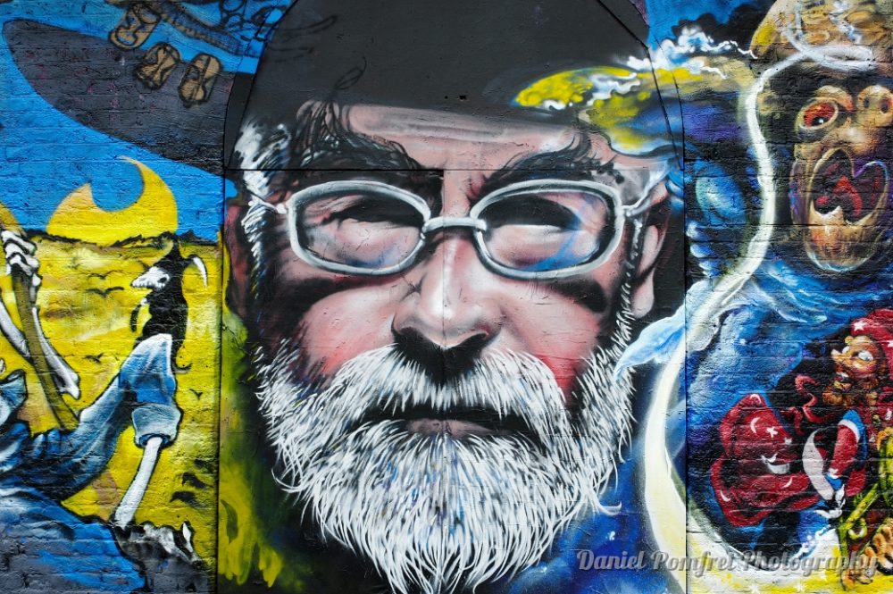 Terry Pratchett Mural by Dr Zadok and Jim Vision, Street Art, Brick Lane, London, graffiti